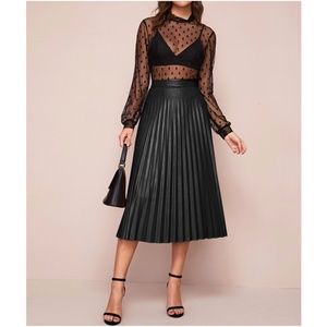 Black pleated accordion midi skirt vegan leather